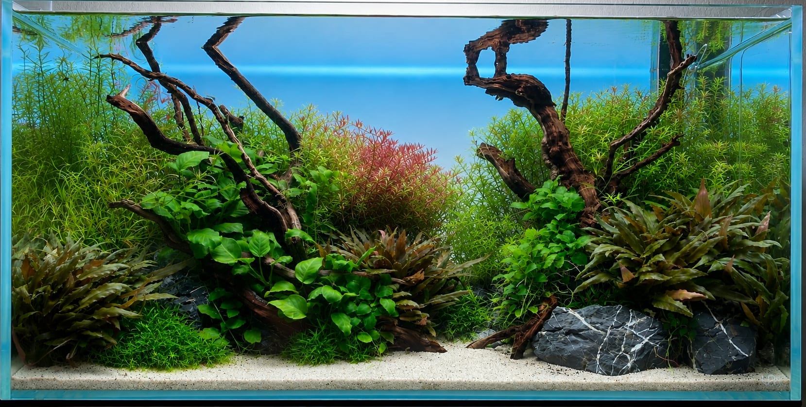 A nature-style planted aquarium with twin driftwood branches, dense stem plants and a sand path