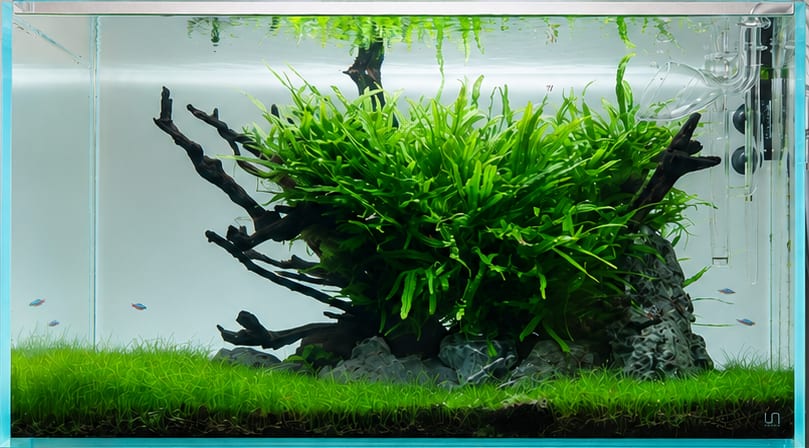 A minimal aquascape: a java fern tree grown on branching wood above a hairgrass carpet, in a UNS tank